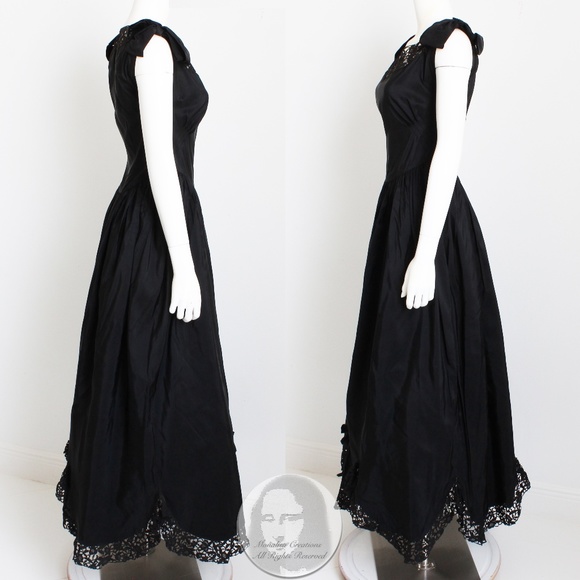 Vintage 40s Party Dress Black Taffeta with Scalloped Lace Hem Irving Detroit - Picture 10 of 14